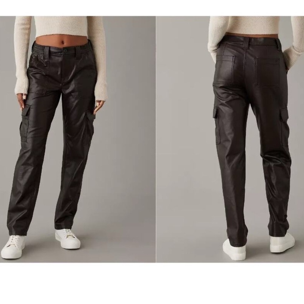 American Eagle Women’s Dark Brown Faux Leather Cargo Pants Size 14 Stretch